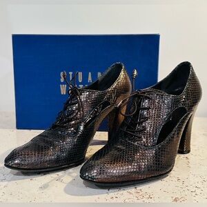 Stuart Weitzman Oxfords Pumps Womens 7.5 Bronze Metallic Snake Embossed Leather